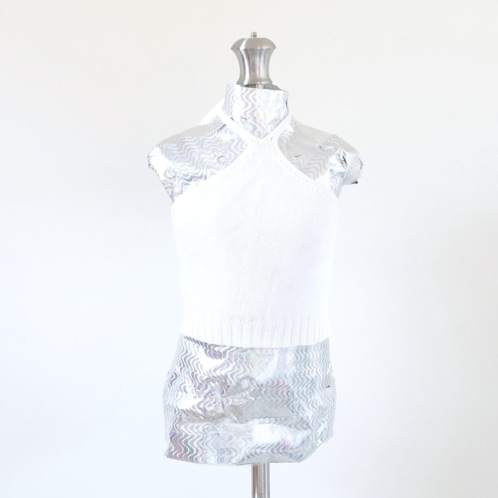 Vintage White Cropped Knit Halter Crop Tank Top | Size S